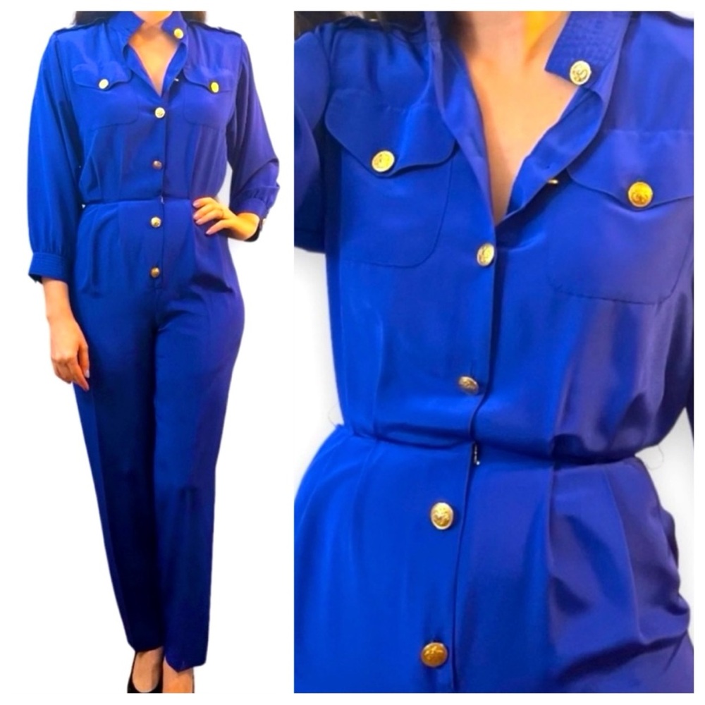 1990’s Vintage Slinky Jumpsuit in a Purple Blue Color w/Gold Buttons, Size Small